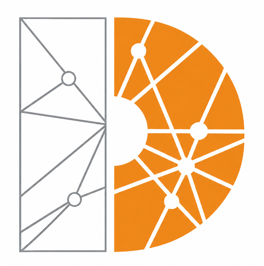 Símbolo de DATASOLARIS: D de Desarrollo rellena en naranja e I de Innovación delineada en gris claro